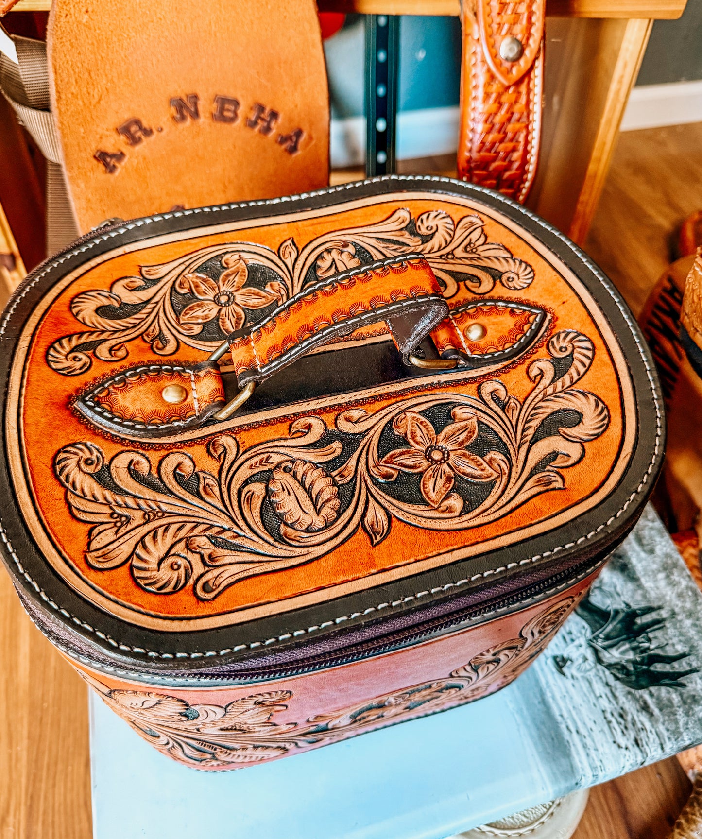 Rust Tooled Leather Train Case
