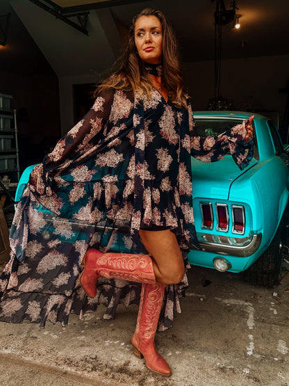 Floral Ruffle High-Low Dress with Scarf Tie