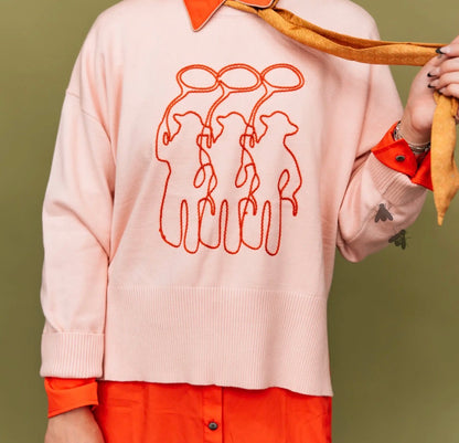 Tres amigos pink western embroidered cowboy sweater ￼