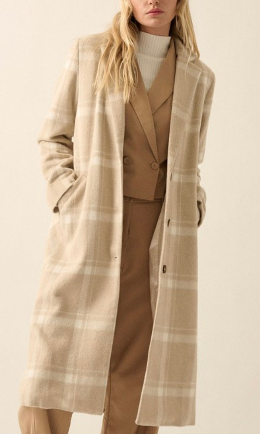 Cream Plaid Trench Coat