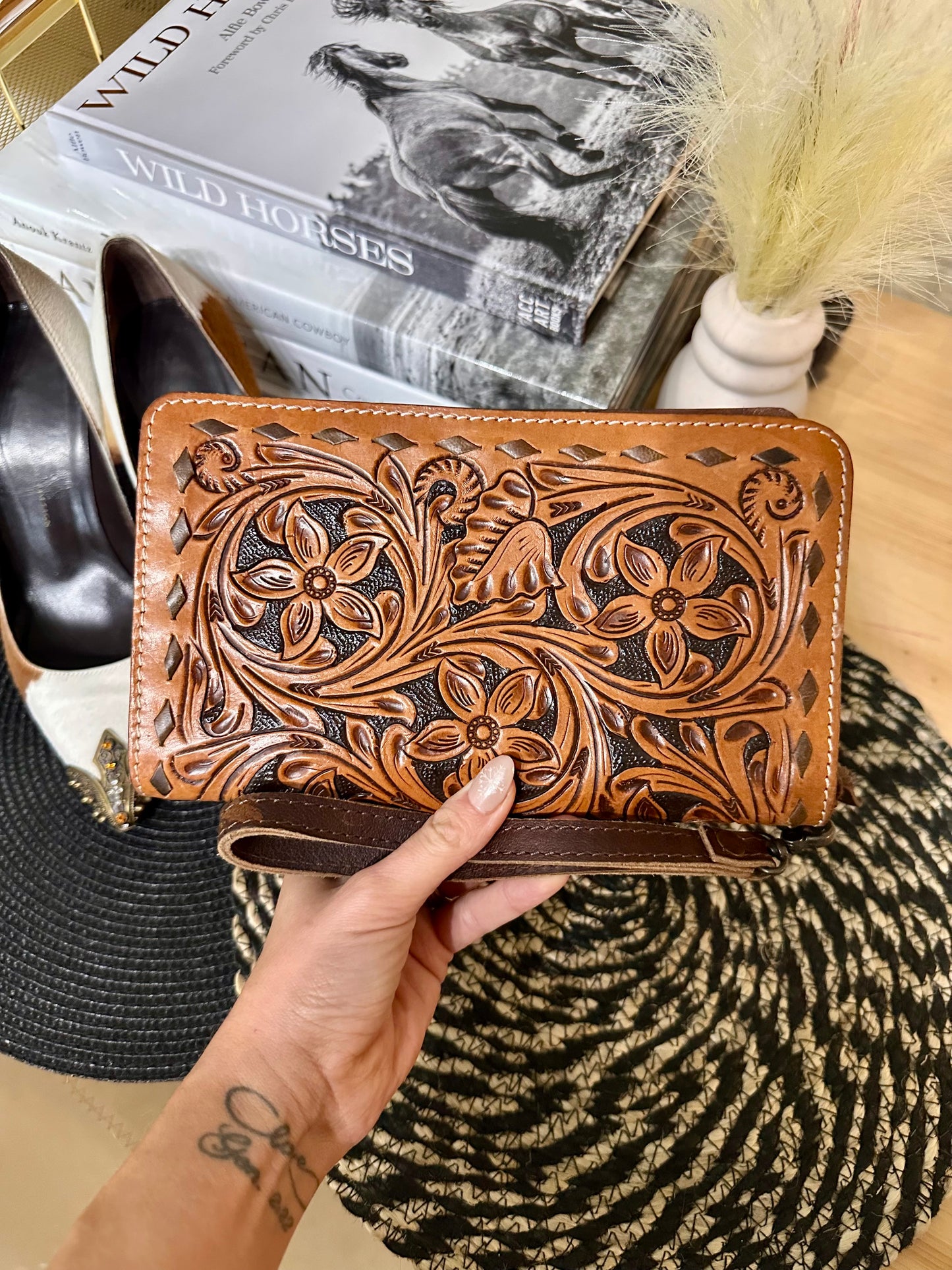 Tooled Leather Wristlet Wallet