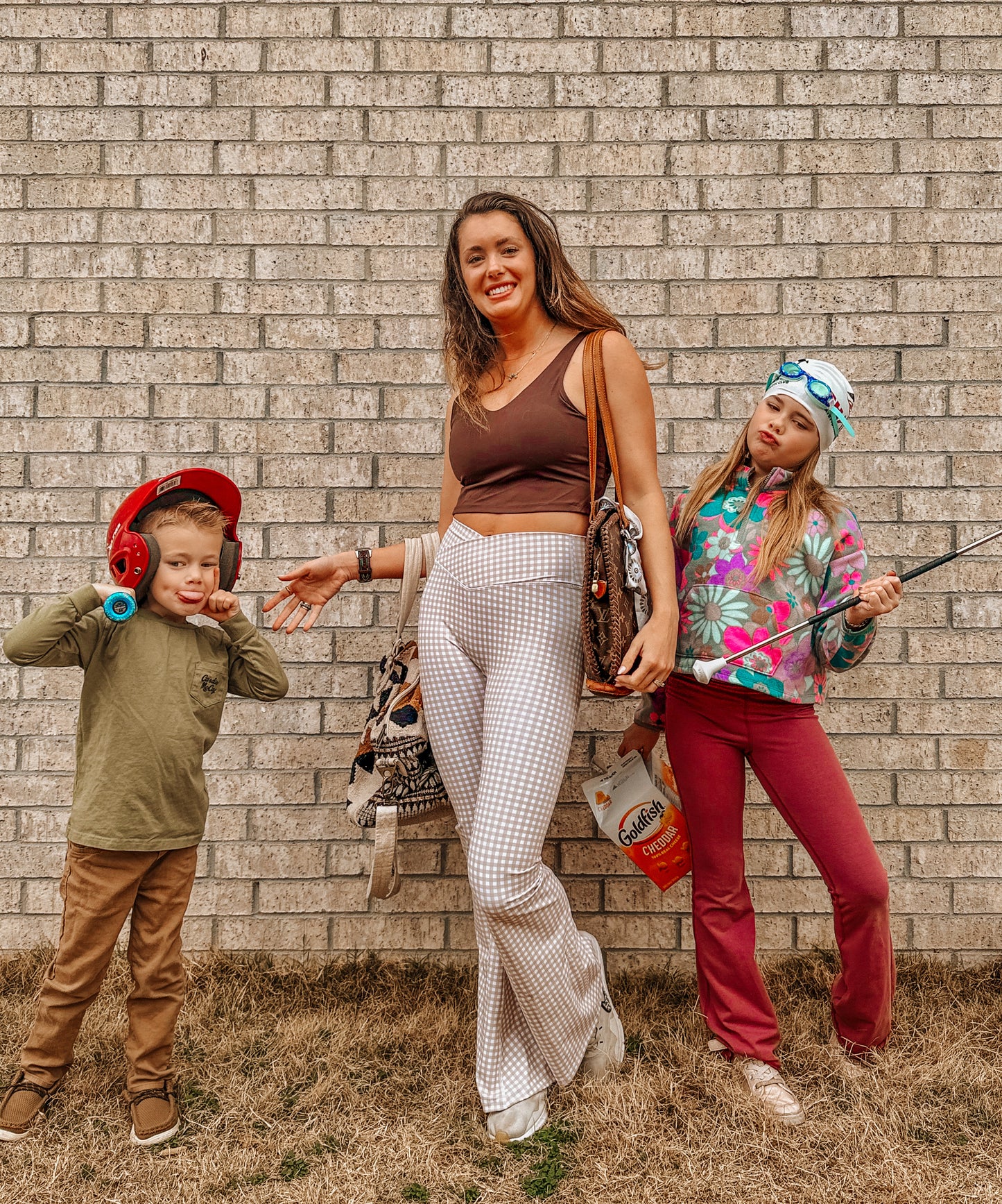 Gingham Print High Waisted Flare Leggings Beige ￼