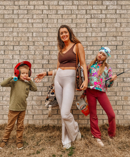 Gingham Print High Waisted Flare Leggings Beige ￼