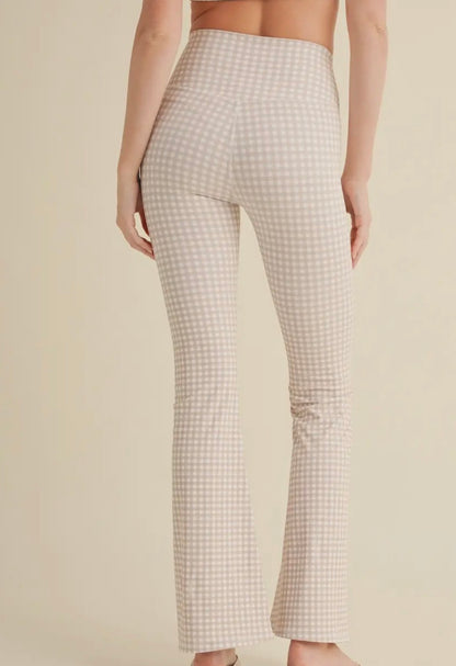 Gingham Print High Waisted Flare Leggings Beige ￼