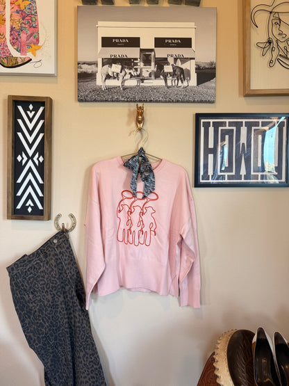 Tres amigos pink western embroidered cowboy sweater ￼