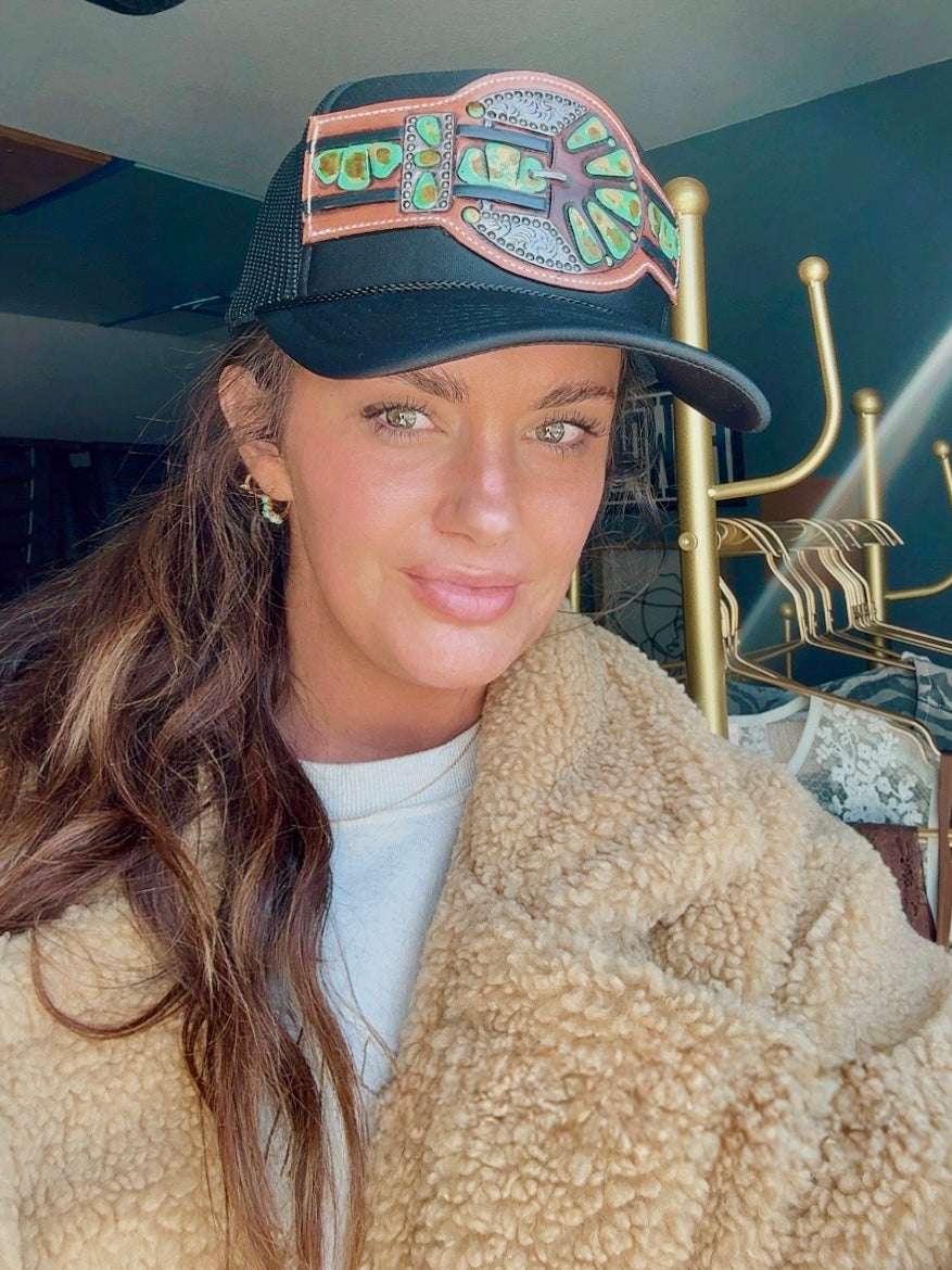 Buckle Tooled Leather Trucker Hat