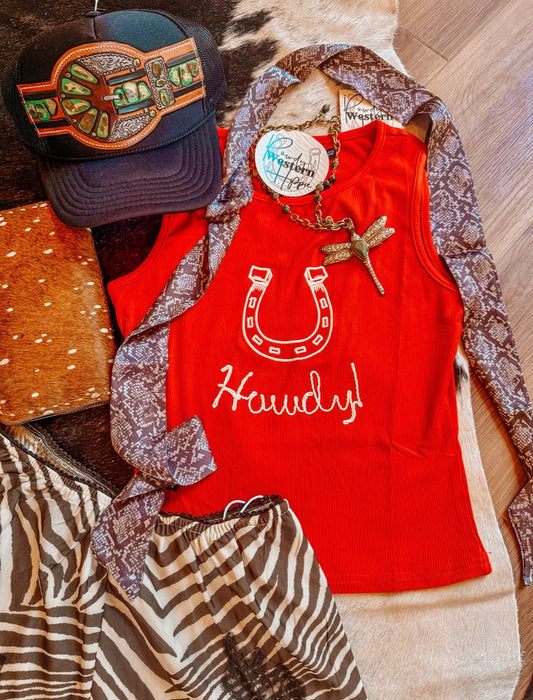 Red Horse Shoe Howdy Ribbed Embroidered Tank