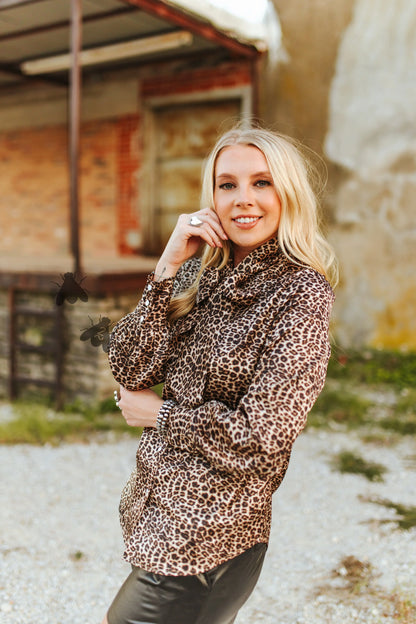 Leopard Tie Neck Satin Button up