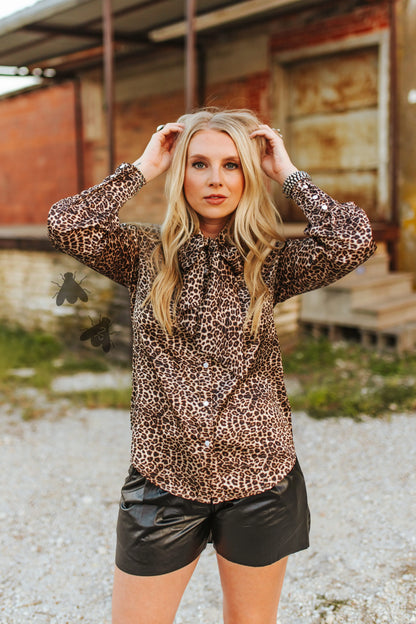 Leopard Tie Neck Satin Button up